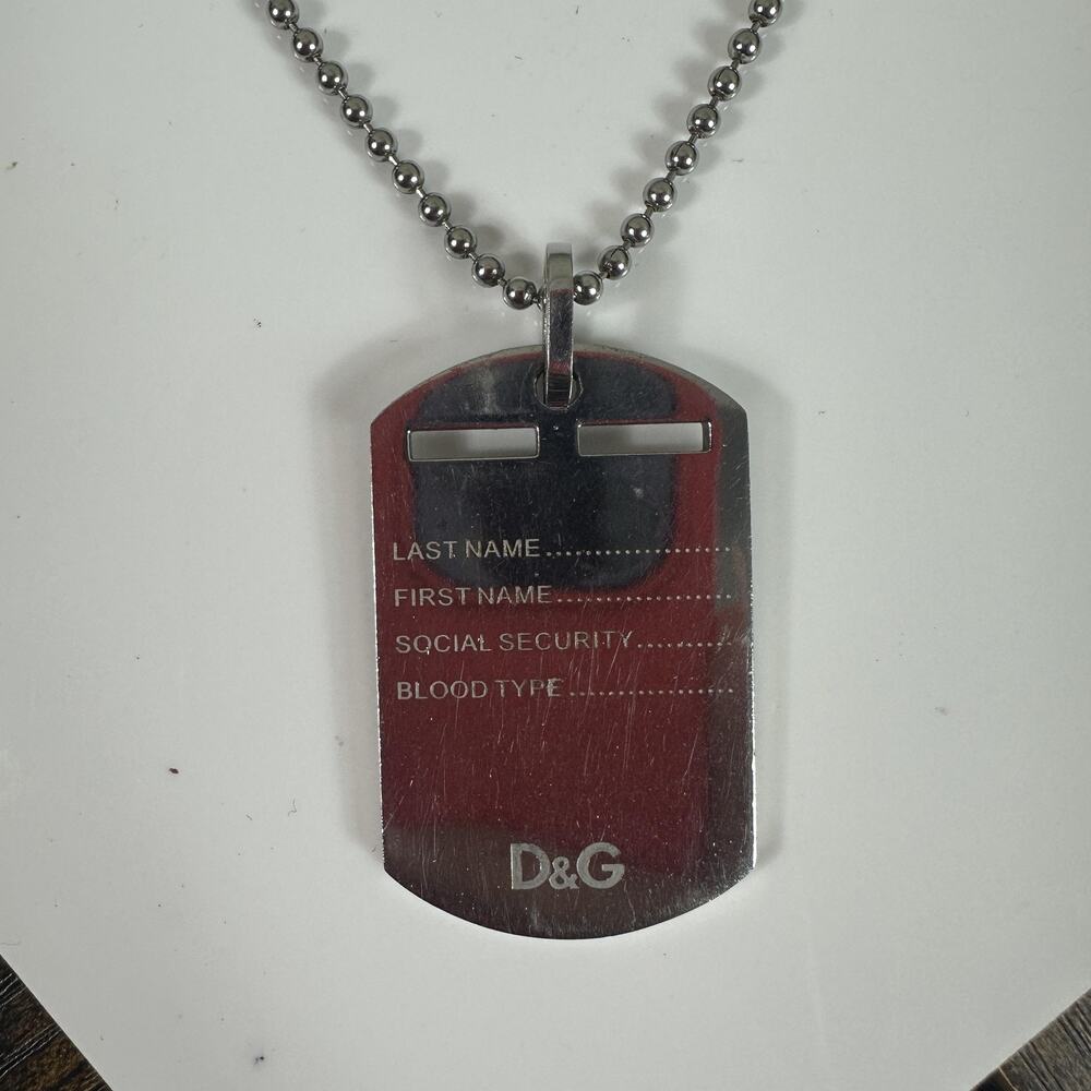 Dolce & Gabbana D&G Silver Tone Dog Tag Pendant Necklace Mens Engraved Logo